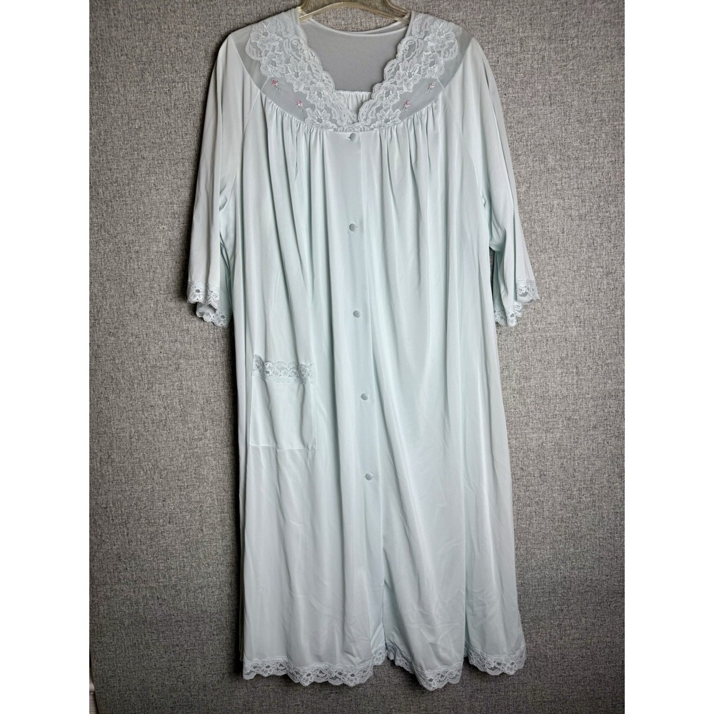 Vintage Blue Lace Shadowline Housecoat Nightgown Set Embroidered Flowers XL/XXL